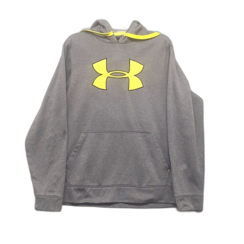 Under Armour Men Sz M Gray Neon Yellow Logo Hoodie Pullover Sweatshirt Casual